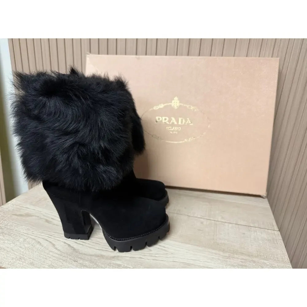 Prada Calzature Donna Real Fur Suede Leather Boots Size EU35 - Picture 1 of 12